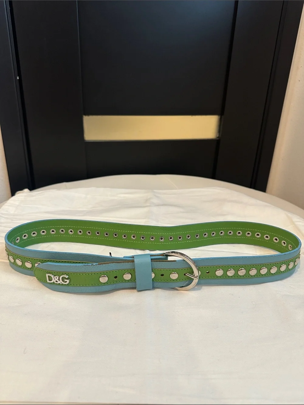 Vintage D&G Dolce & Gabbana Green Blue Studded Leather Belt